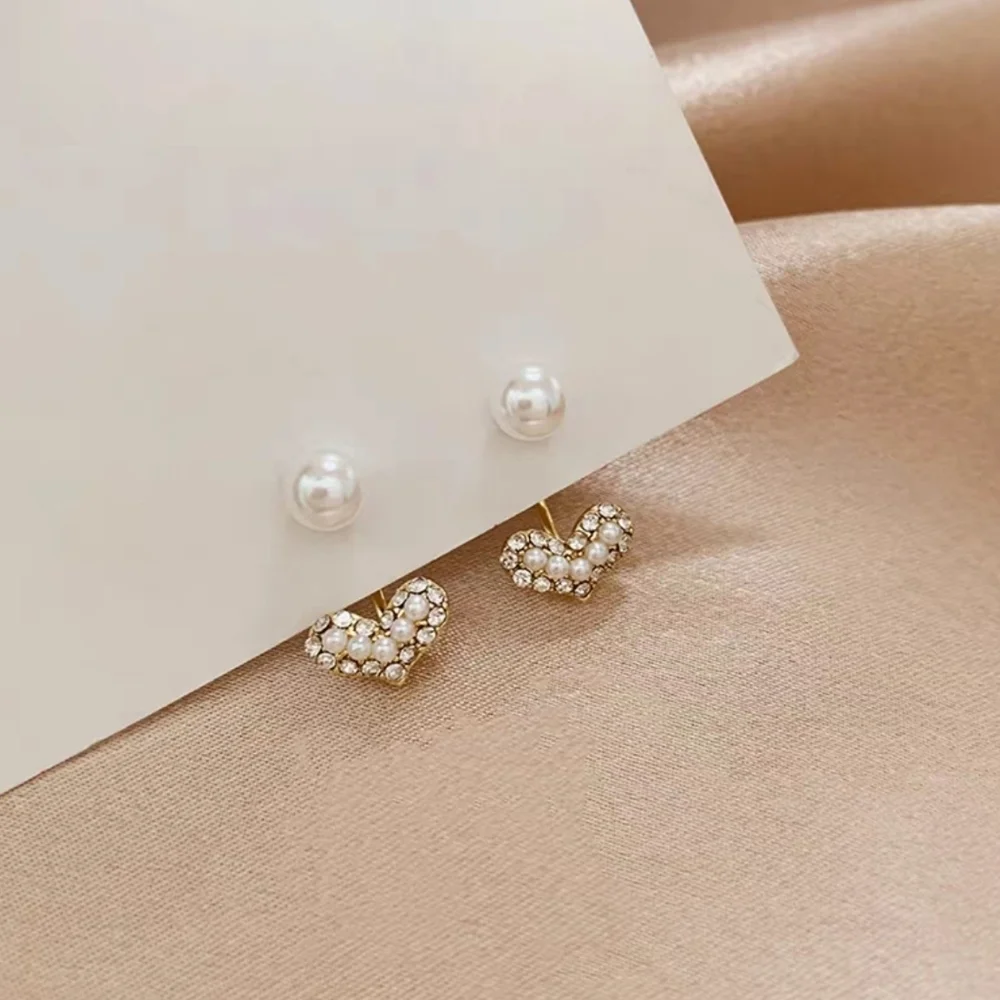 Pearl & Crystal Heart Earrings Dainty Romantic Everyday Style